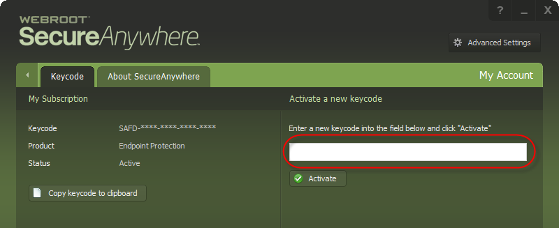 webroot activate keycode